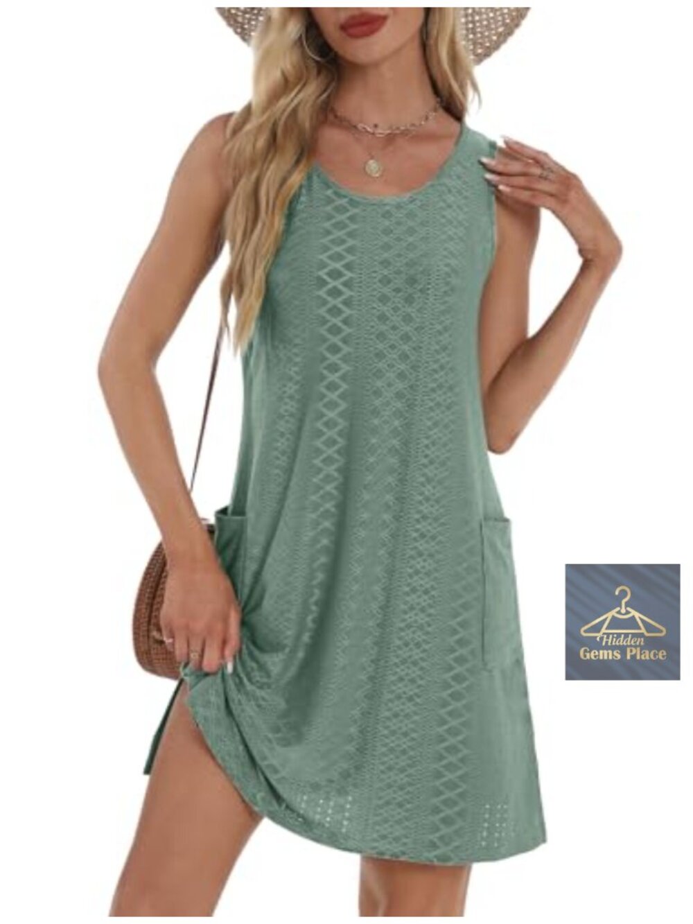 Women's Sleeveless Summer Sundress with Pockets Knee Length Eyelet Casual Dress